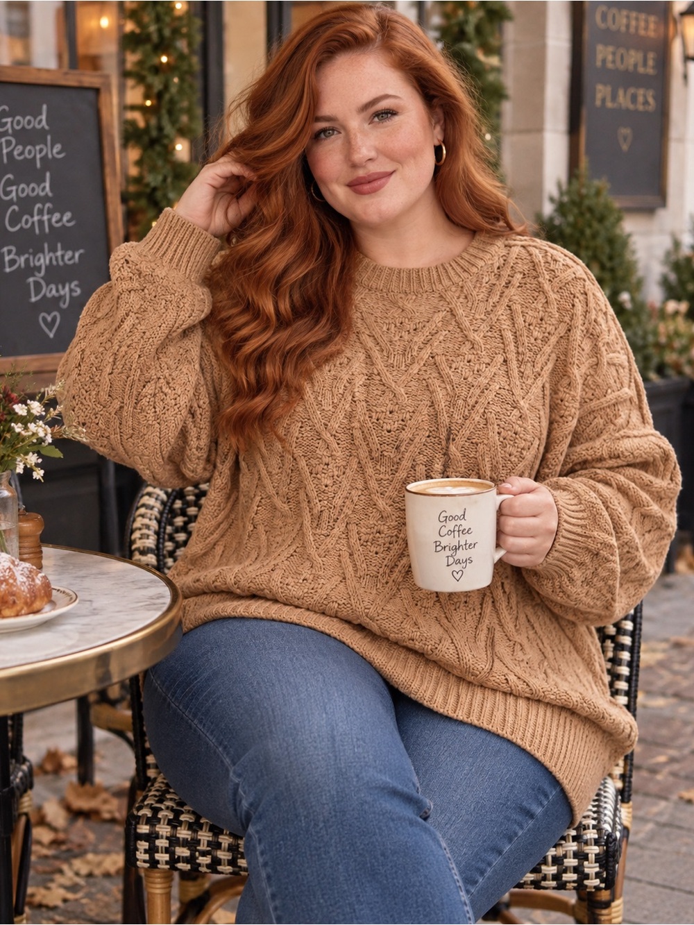 Free People Cable Knit Crewneck Sweater in Camel